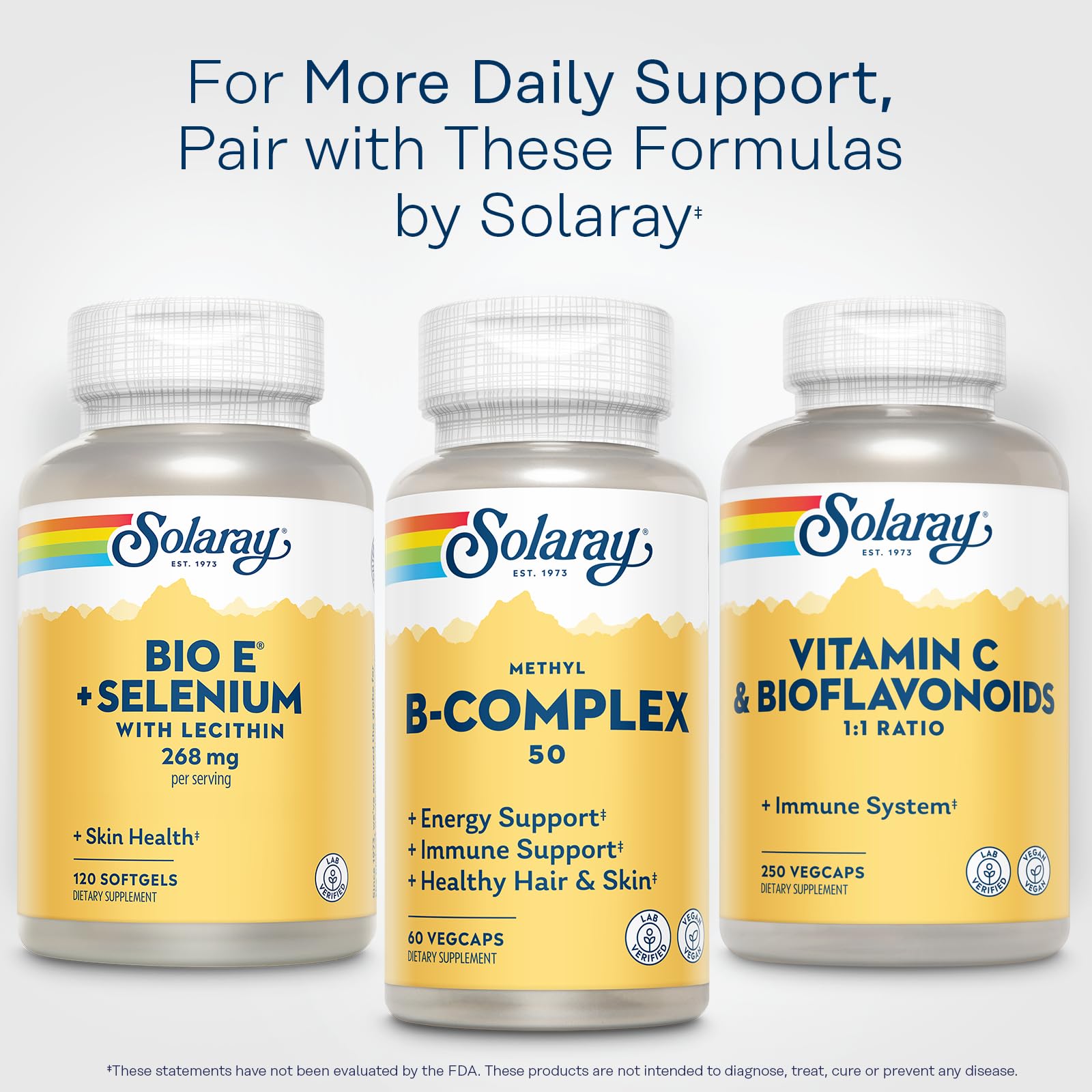 Solaray Bio E daily-use scene beside a glass of water emphasizing routine antioxidant support.