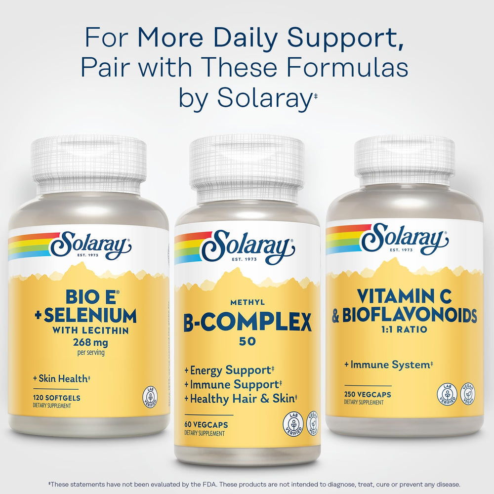 Solaray Bio E daily-use scene beside a glass of water emphasizing routine antioxidant support.