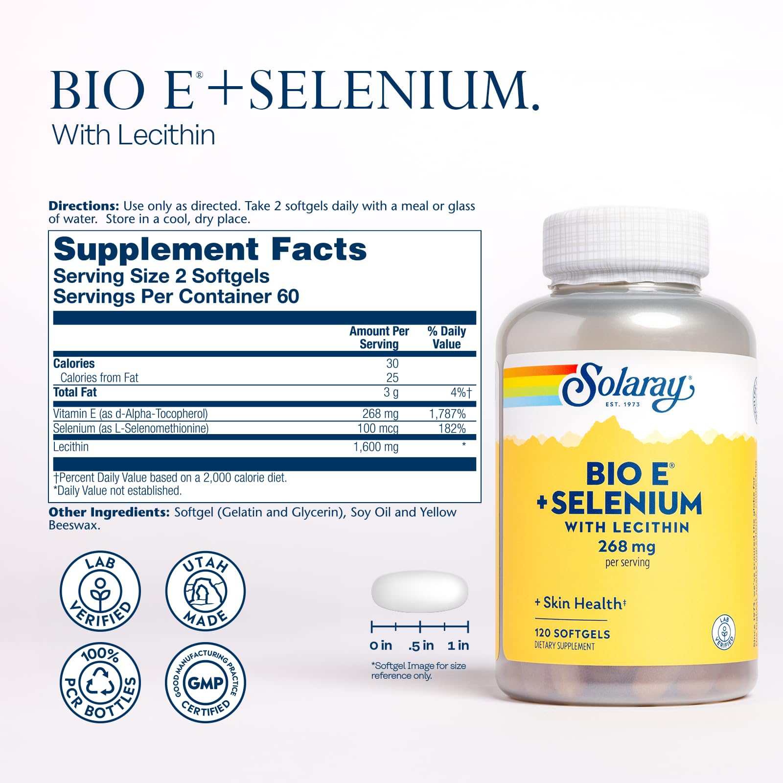 Solaray Bio E softgels closeup illustrating the two-per-day dose for antioxidant support.
