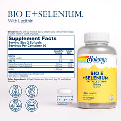 Solaray Bio E softgels closeup illustrating the two-per-day dose for antioxidant support.