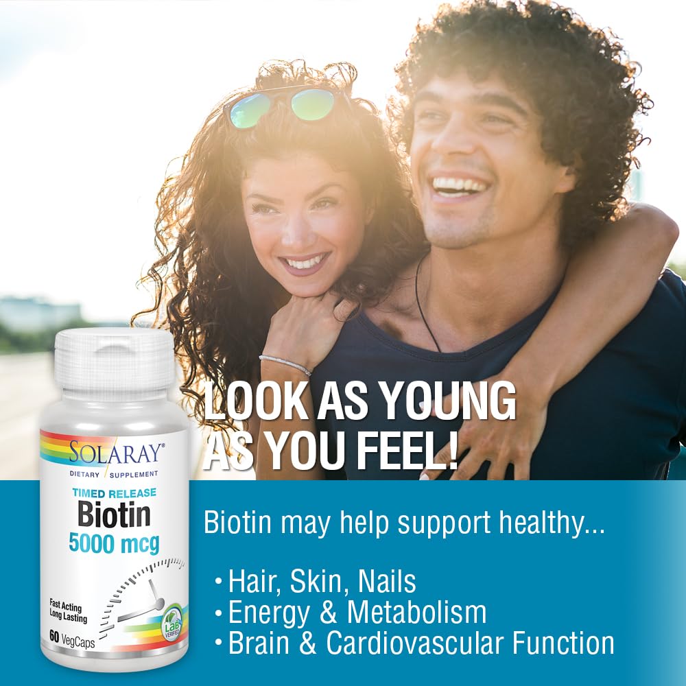 Solaray Timed-Release Biotin label-front showcases product identity and potency.