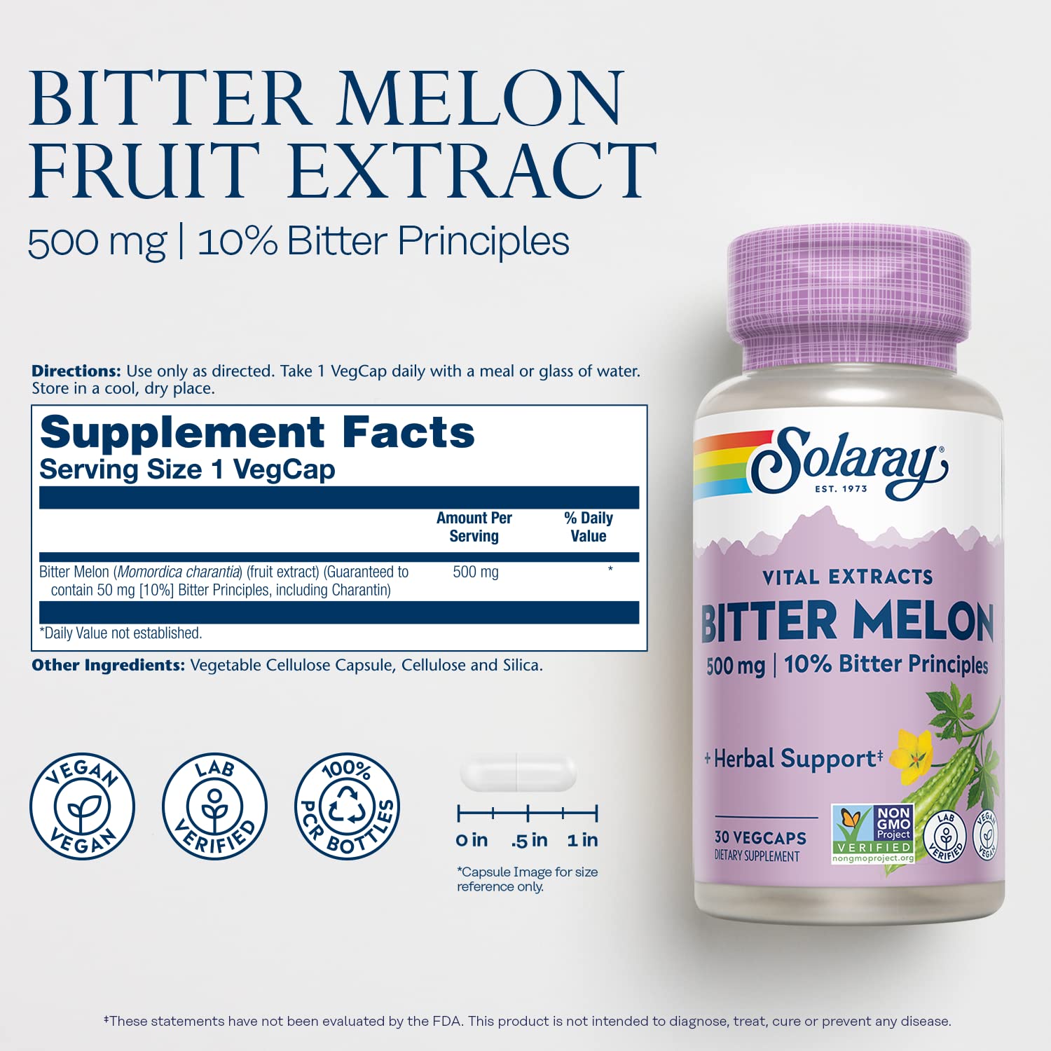 SOLARAY Bitter Melon label emphasizing 10% bitter principles and charantin content