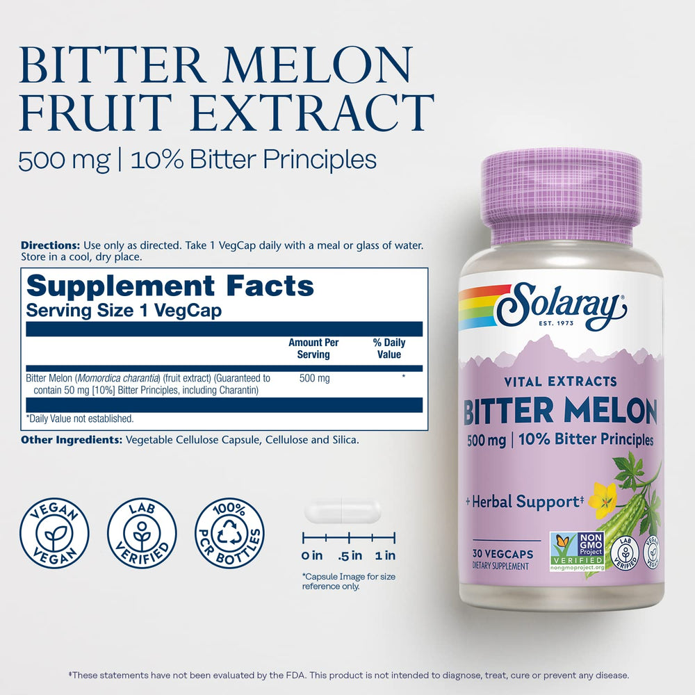 SOLARAY Bitter Melon label emphasizing 10% bitter principles and charantin content
