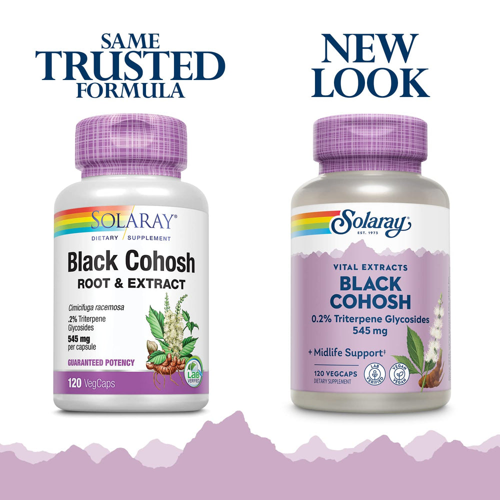 SOLARAY Black Cohosh bottle label close-up with vegan capsules and serving details