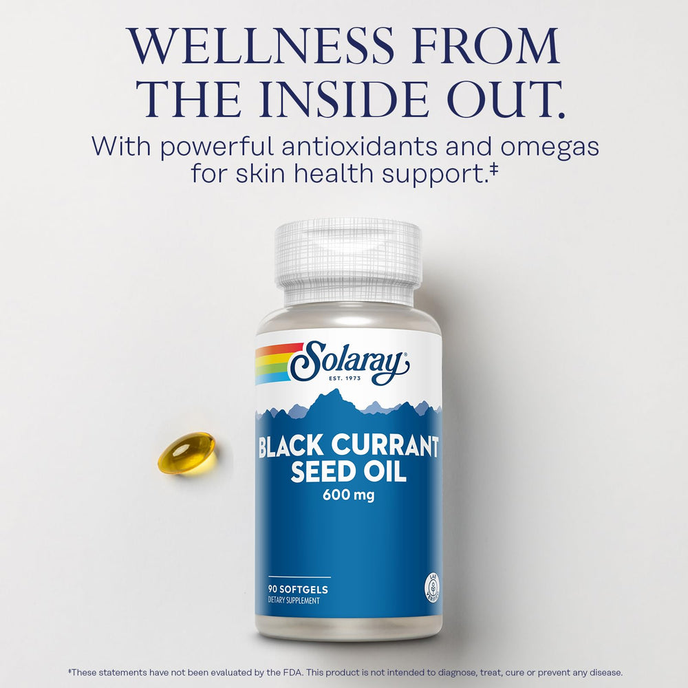 SOLARAY Black Currant Seed Oil label highlighting ingredients and quality