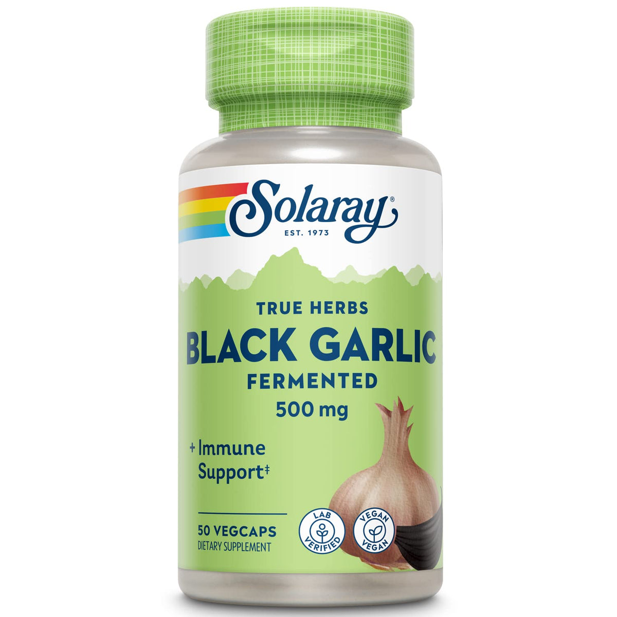 SOLARAY Black Garlic 500 mg bottle on kitchen counter for daily wellness.