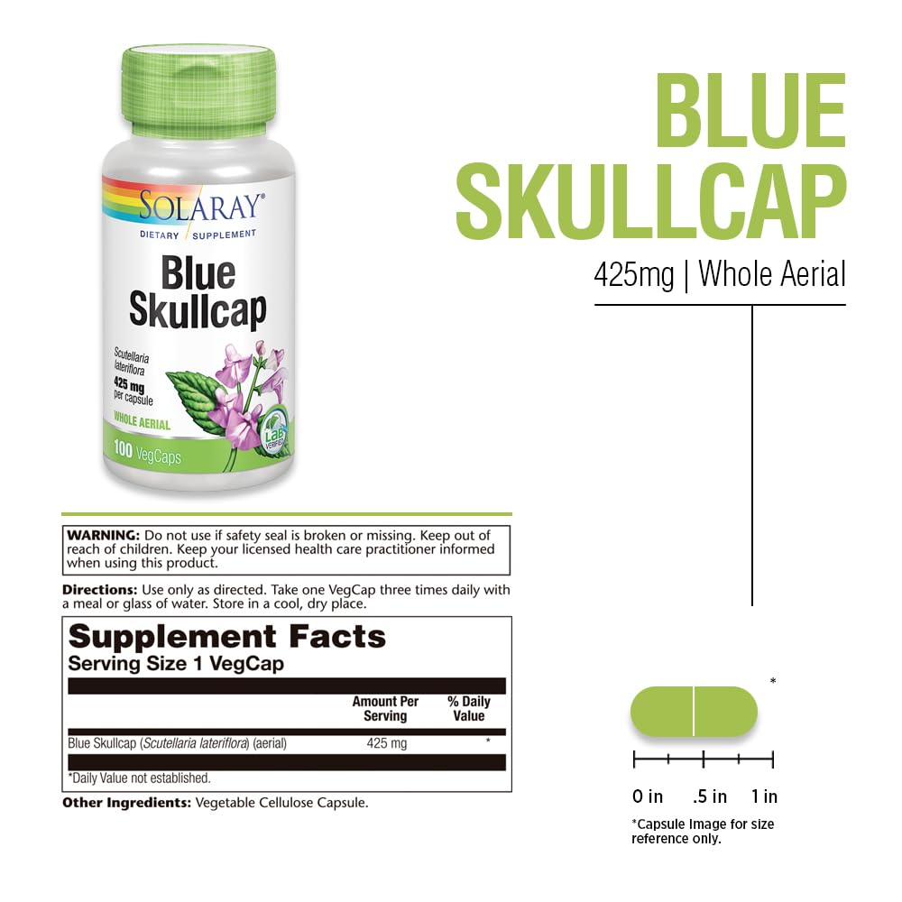 SOLARAY Blue Skullcap capsules close-up highlighting daily calm potential.