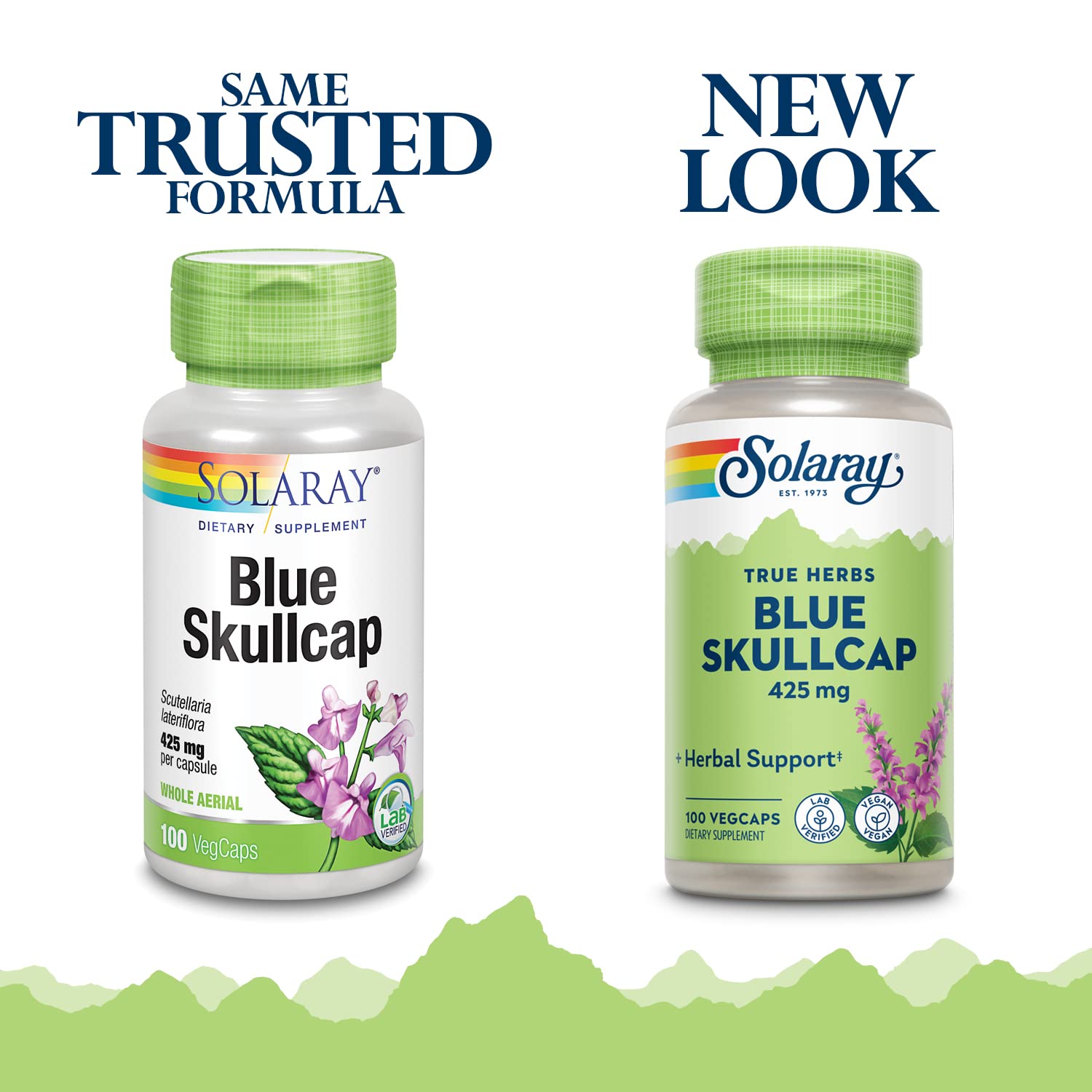 SOLARAY Blue Skullcap label close-up emphasizing potency and vegan formula.