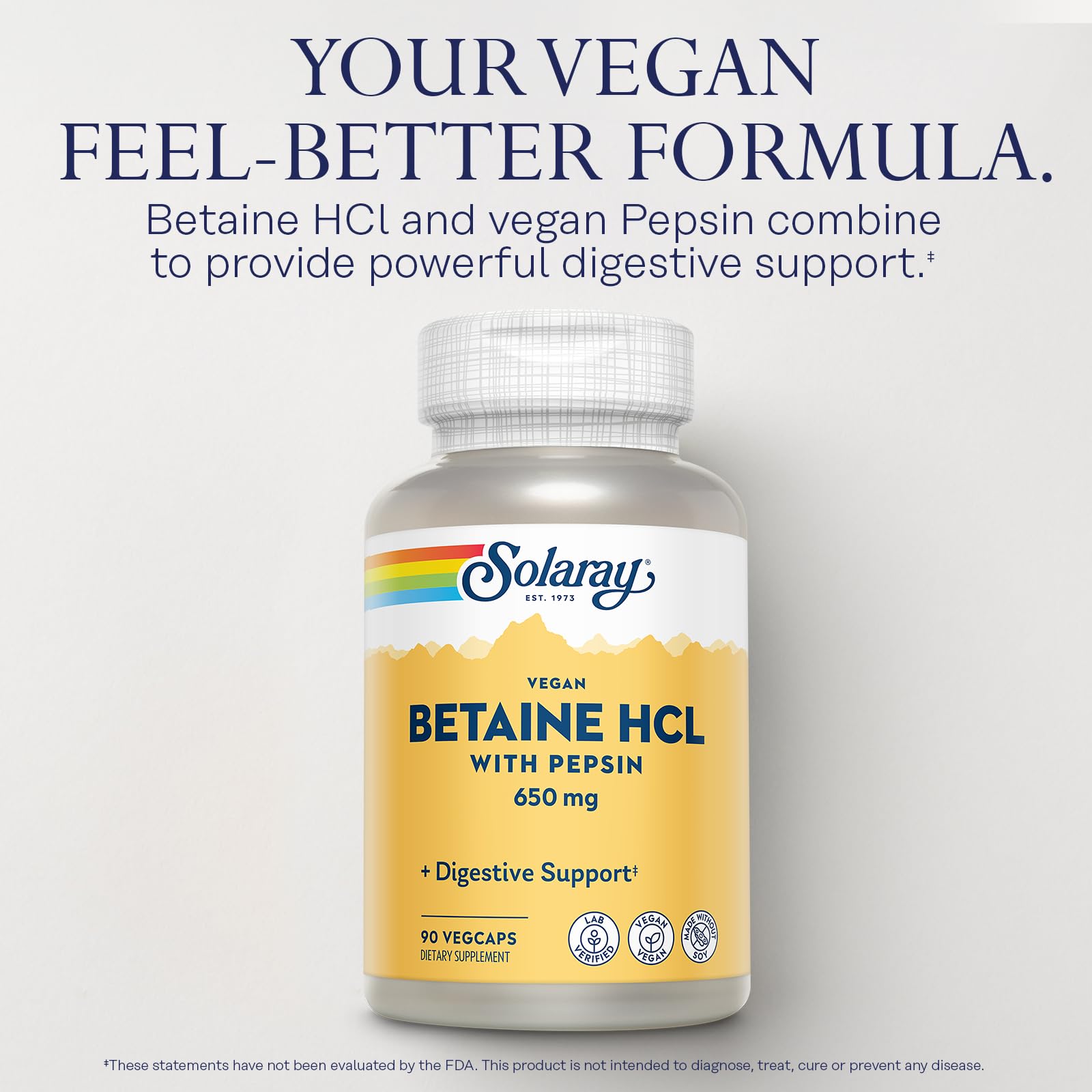SOLARAY bottle closeup highlighting clean label and capsule format for meals