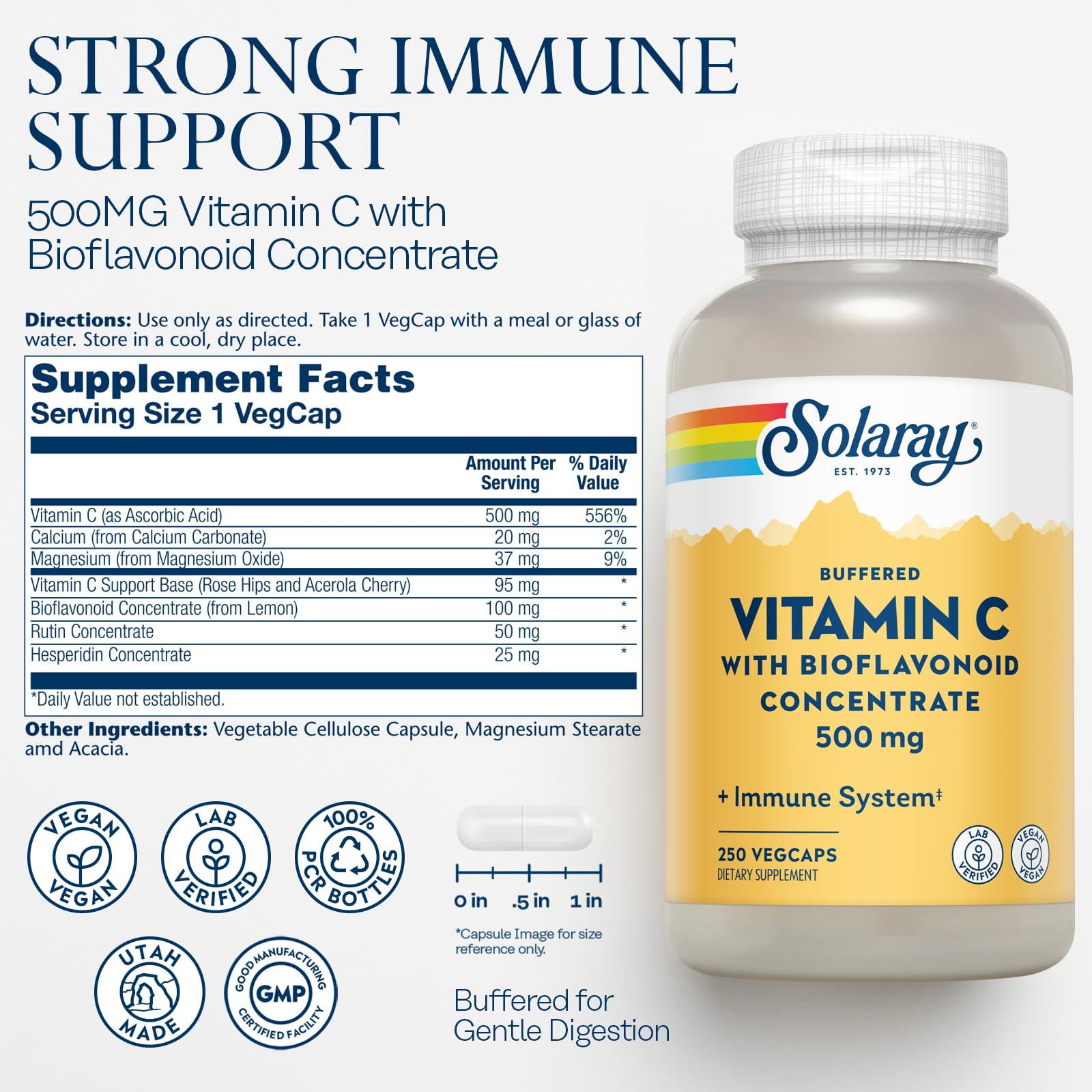 SOLARAY Vitamin C capsules close-up highlighting easy-to-digest formula.