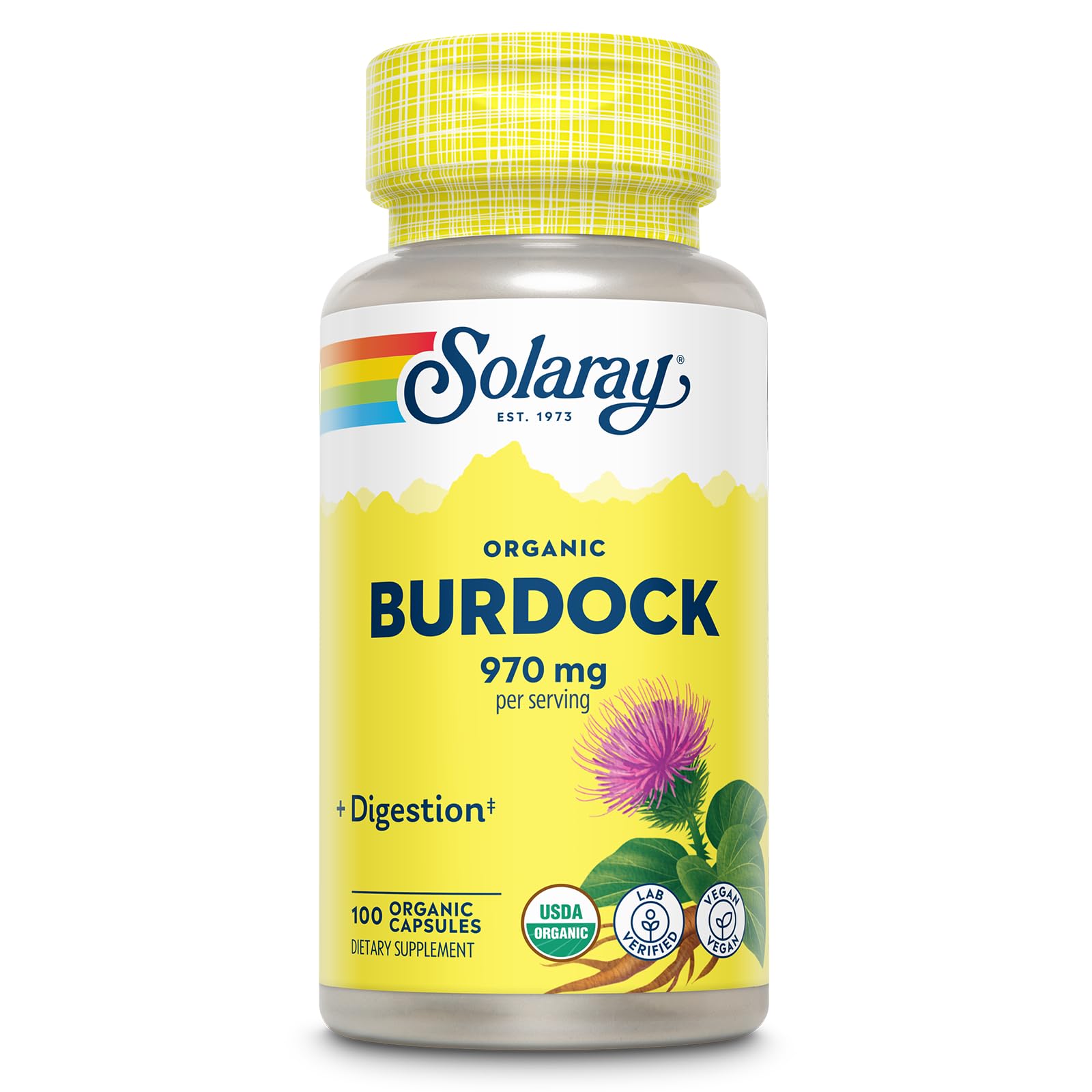 SOLARAY Burdock Root 970 mg bottle showing vegan, organic capsules for digestion support.
