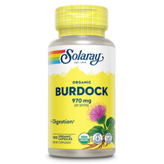 SOLARAY Burdock Root 970 mg bottle showing vegan, organic capsules for digestion support.