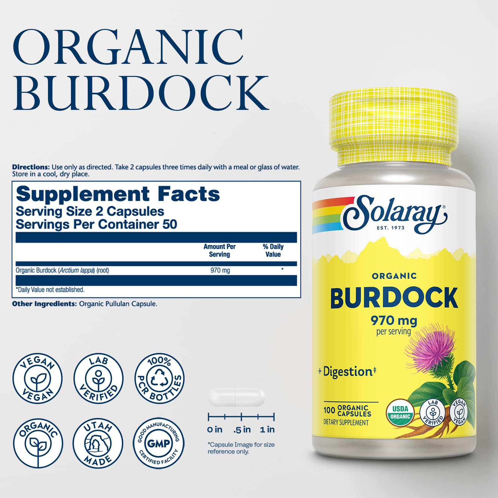 SOLARAY burdock root capsules close-up highlighting antioxidant-rich formula for cellular wellness.