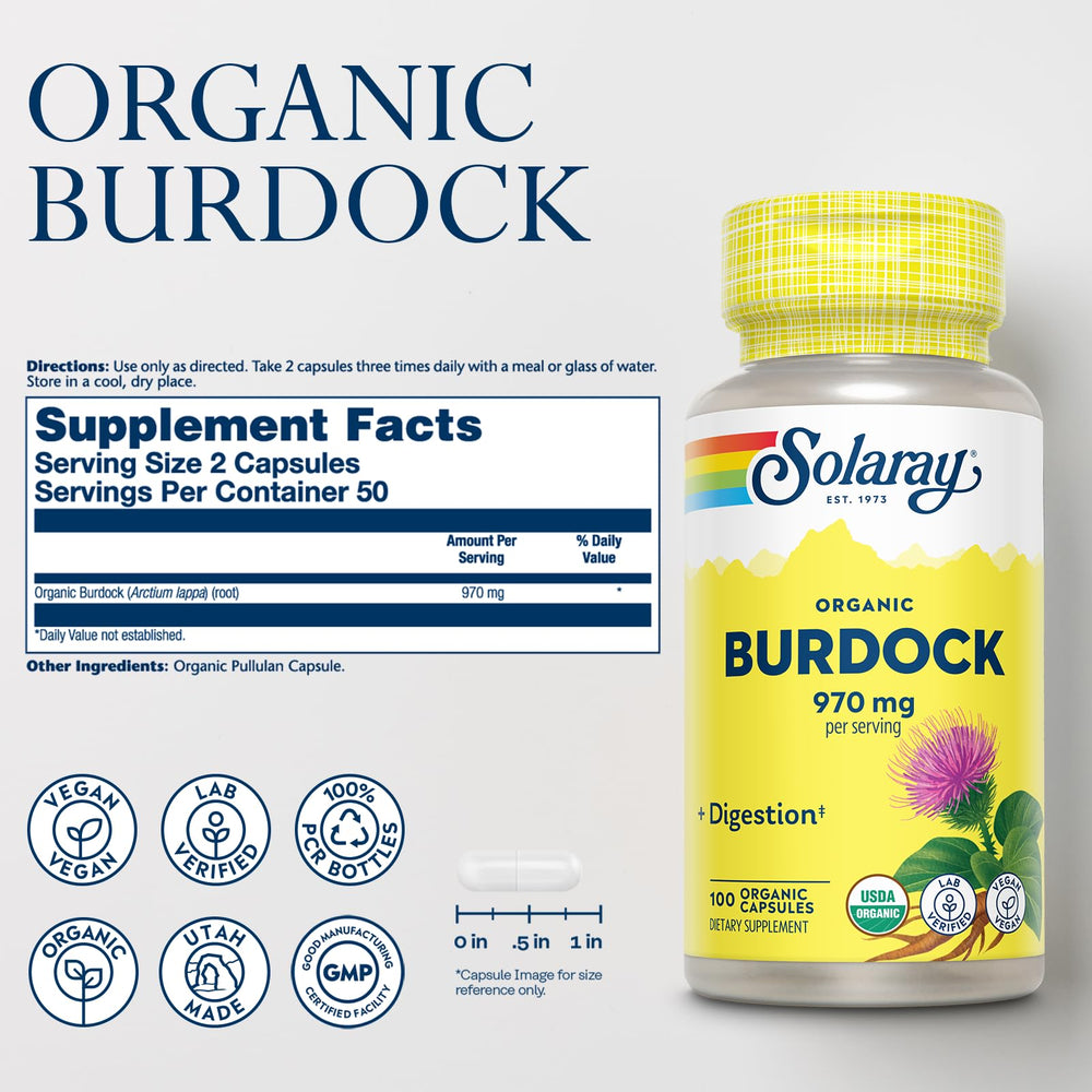 SOLARAY burdock root capsules close-up highlighting antioxidant-rich formula for cellular wellness.