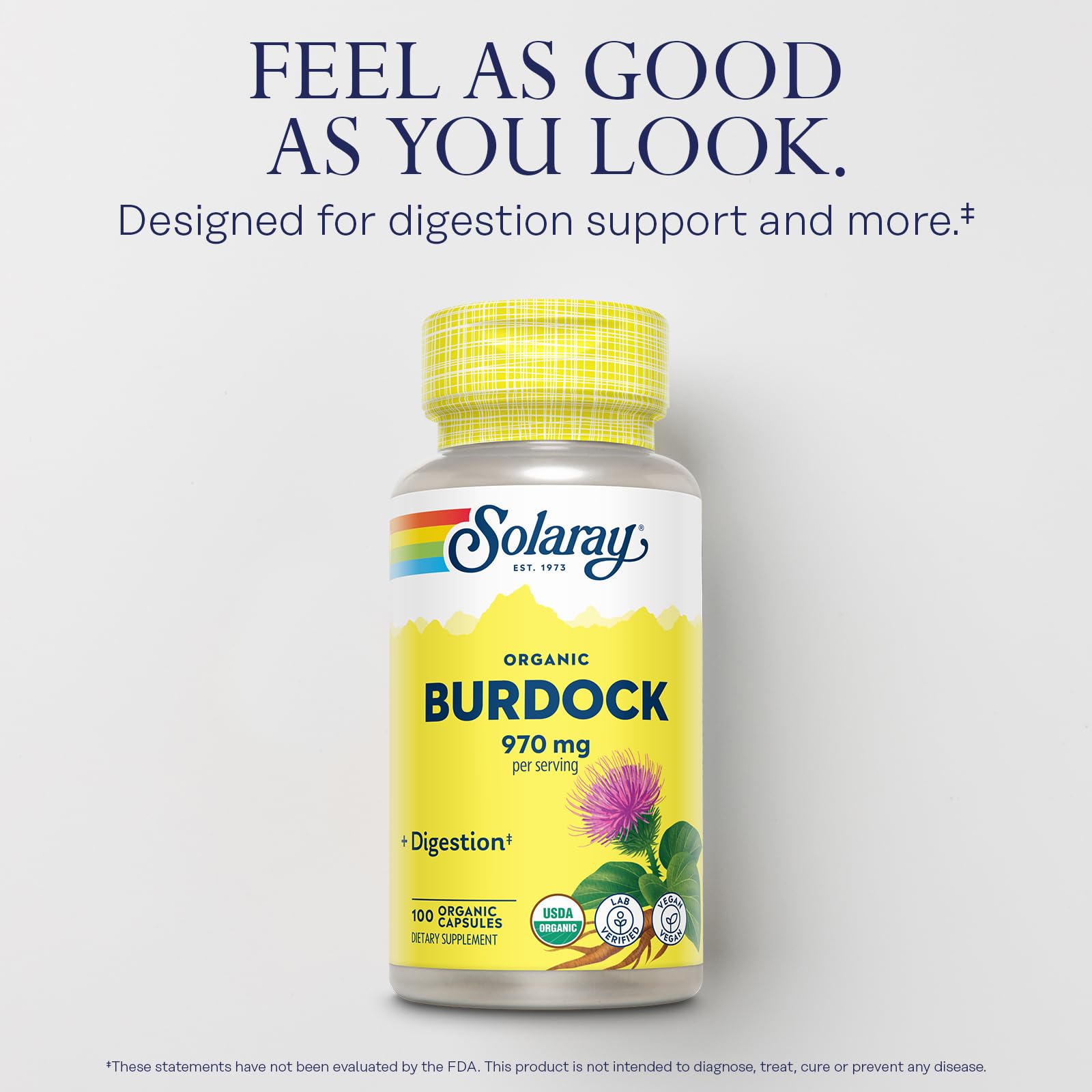 SOLARAY burdock root organic label emphasizes USDA Organic and vegan quality.