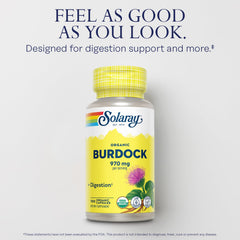 SOLARAY burdock root organic label emphasizes USDA Organic and vegan quality.