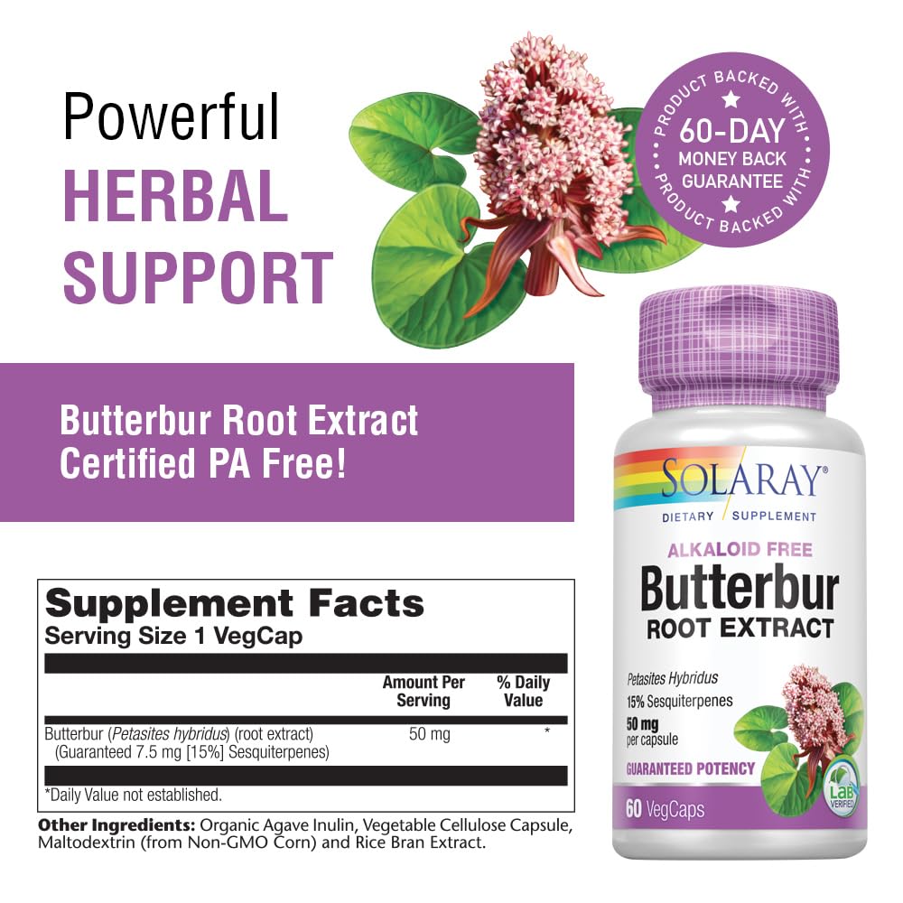 SOLARAY Butterbur root extract label close-up showing vegan and lab-verified quality.