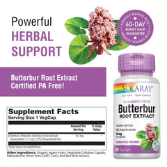 SOLARAY Butterbur root extract label close-up showing vegan and lab-verified quality.
