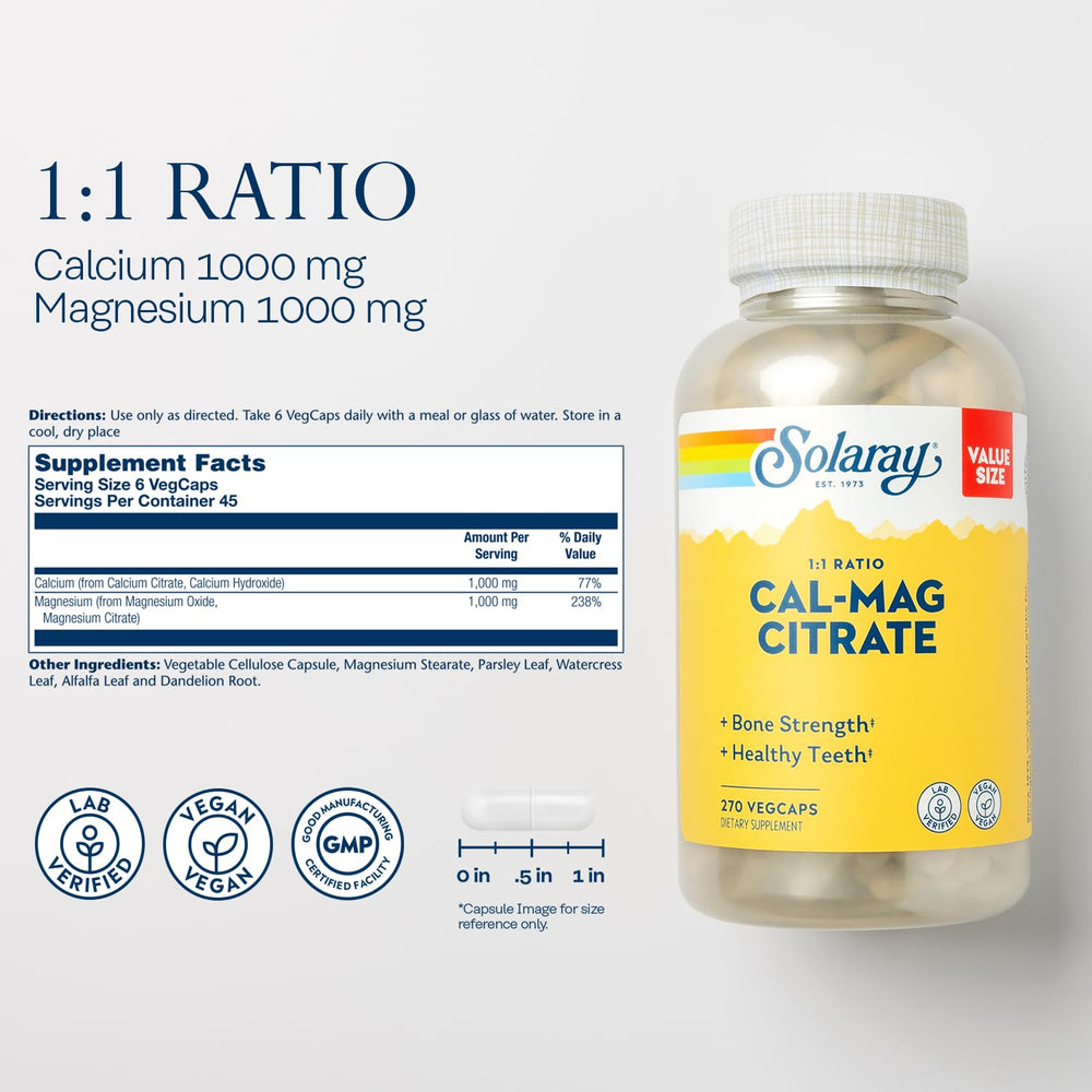 Solaray Cal Mag Citrate label highlights a 1:1 calcium to magnesium ratio for absorption.