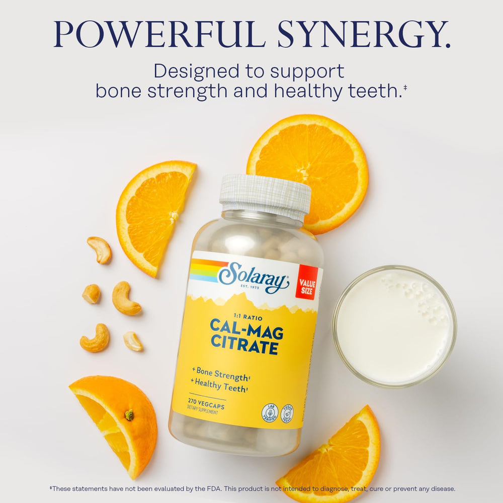 Solaray Cal Mag Citrate vegan capsules emphasize plant-based formula.