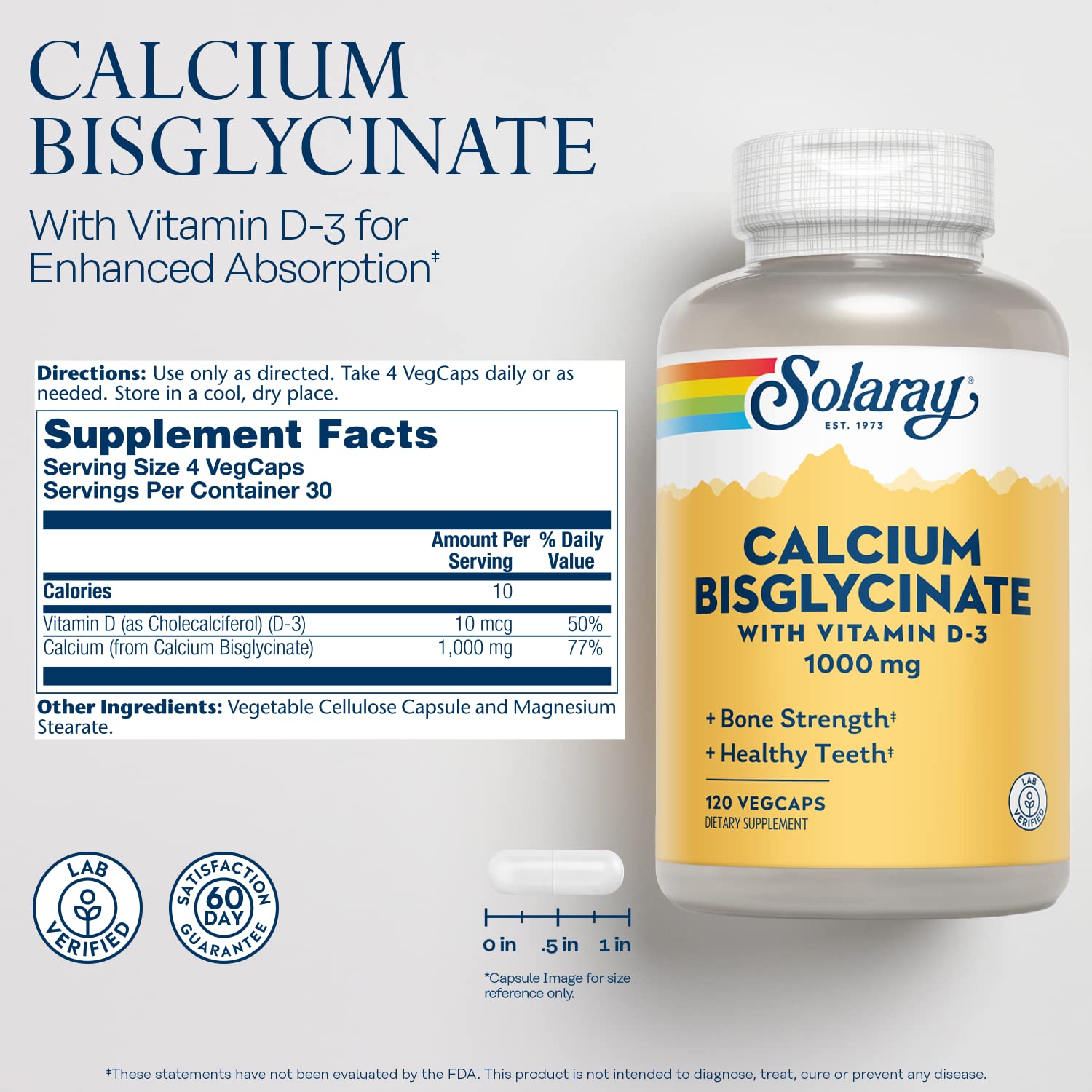 SOLARAY Calcium Bisglycinate capsules close-up highlighting gentle digestion.