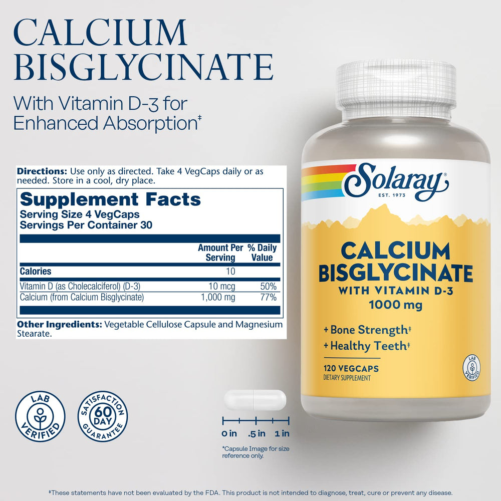 SOLARAY Calcium Bisglycinate capsules close-up highlighting gentle digestion.