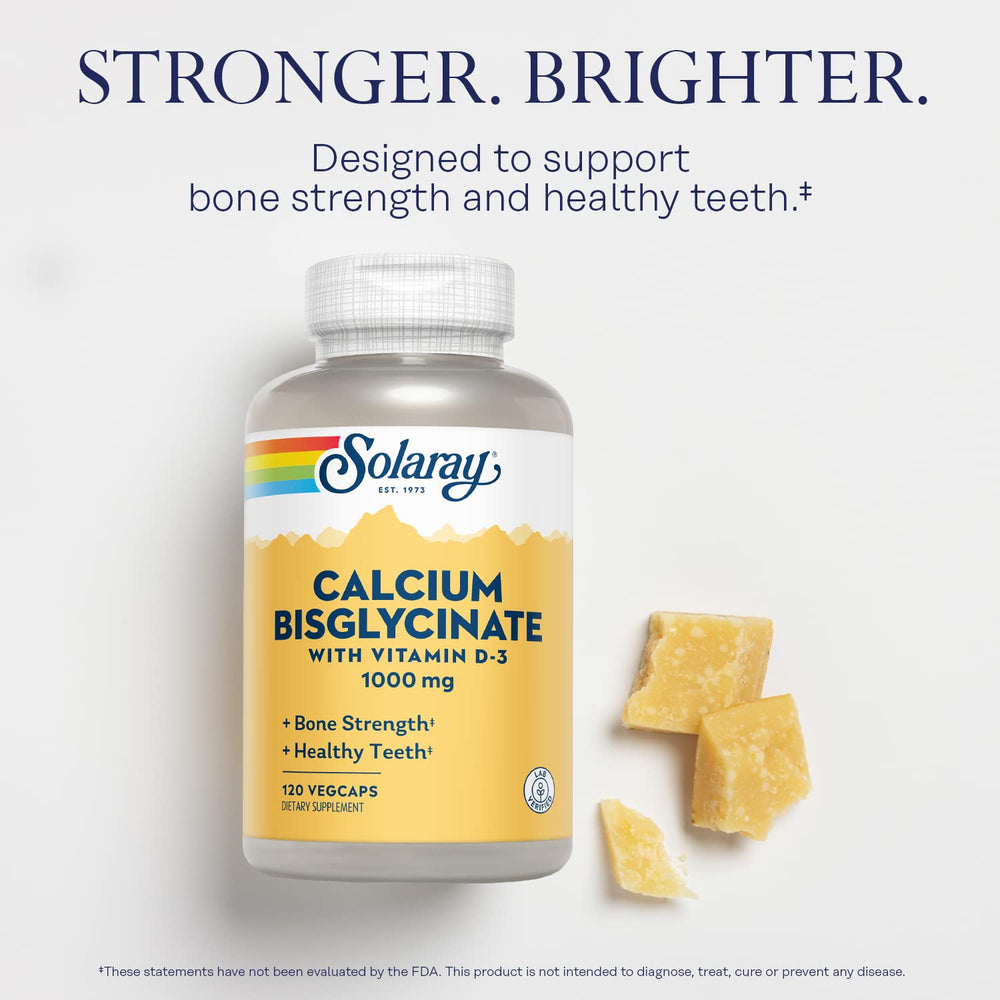 SOLARAY Calcium Bisglycinate label features Vitamin D-3 for absorption support.