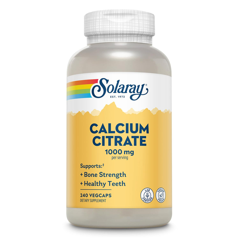 Solaray Calcium Citrate 1000mg bottle front highlights chelated calcium for bone support.