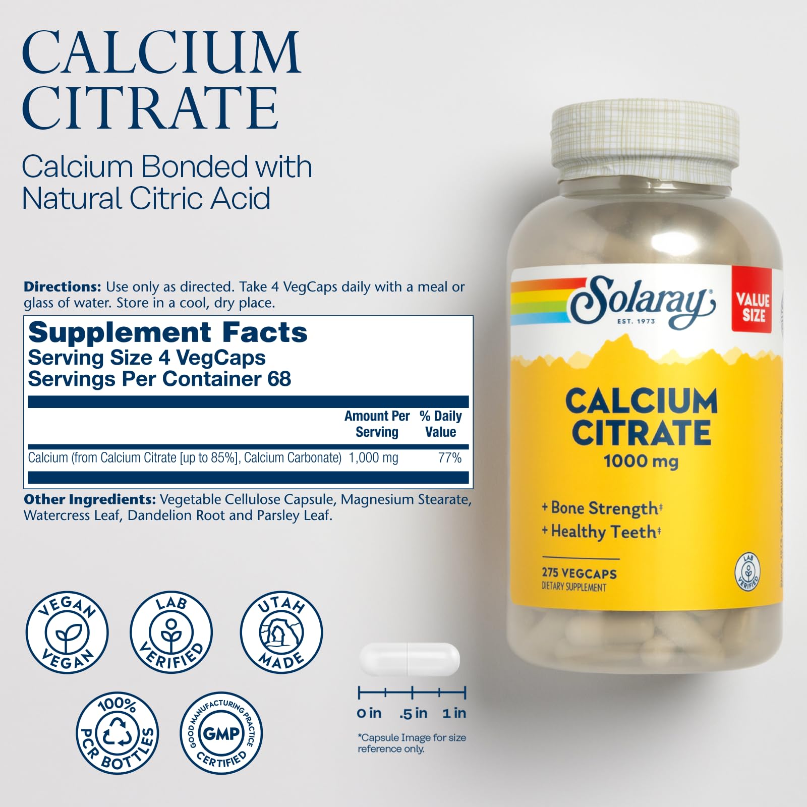Solaray Calcium Citrate 1000mg bottle side view showing vegan-friendly formula.