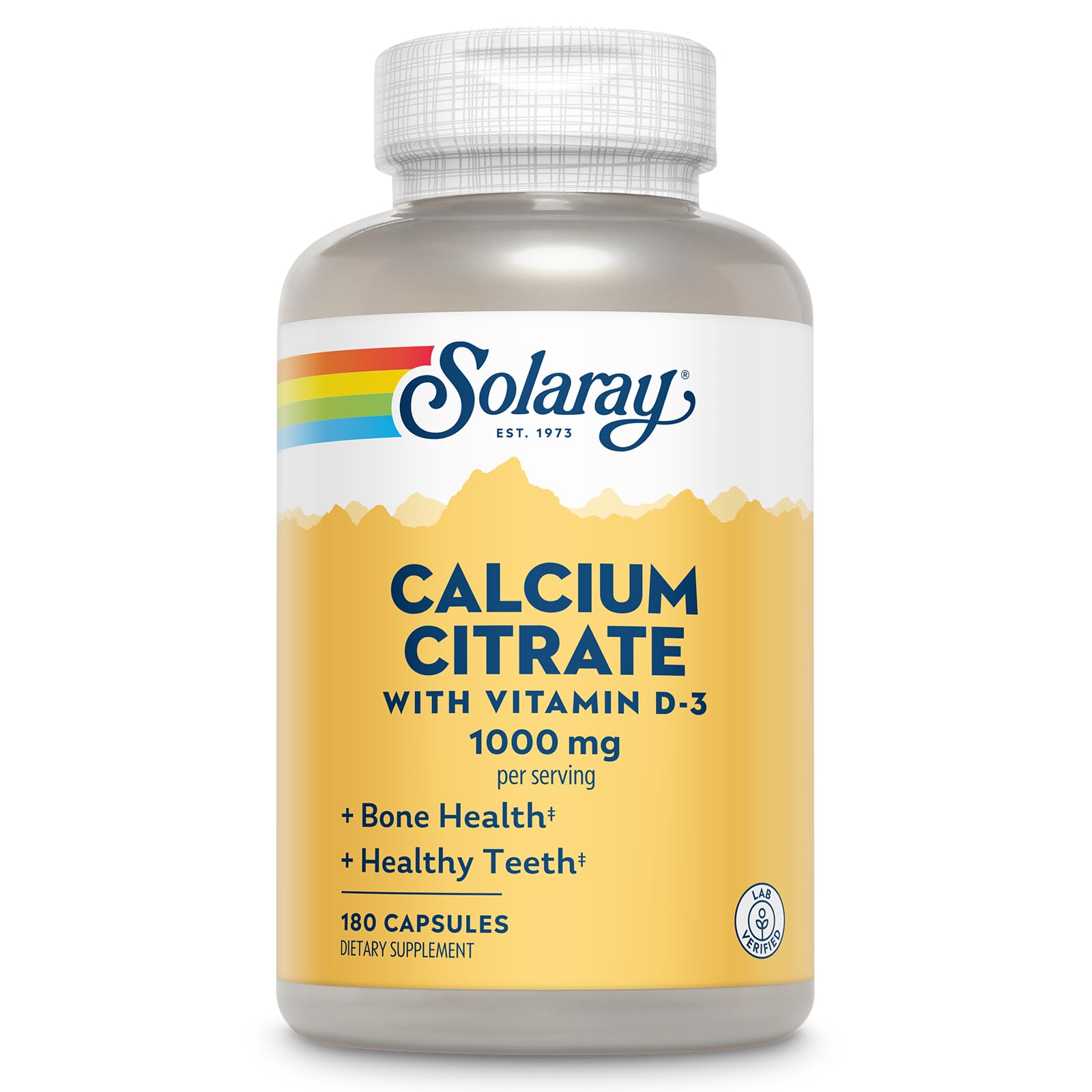 Solaray Calcium Citrate 1000mg bottle with dosage label for bone support.