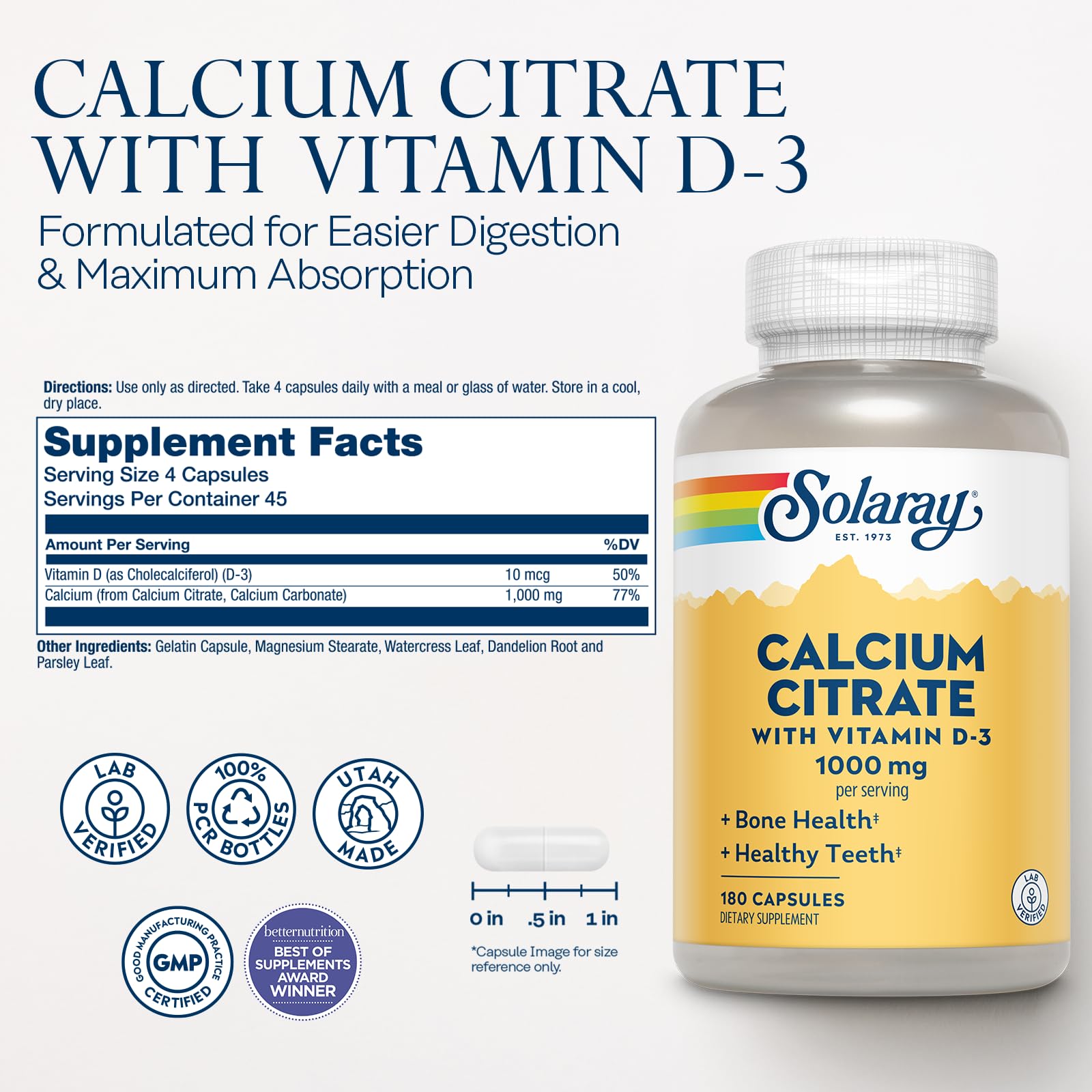 Solaray Calcium Citrate 1000mg capsules in a bottle for daily use.