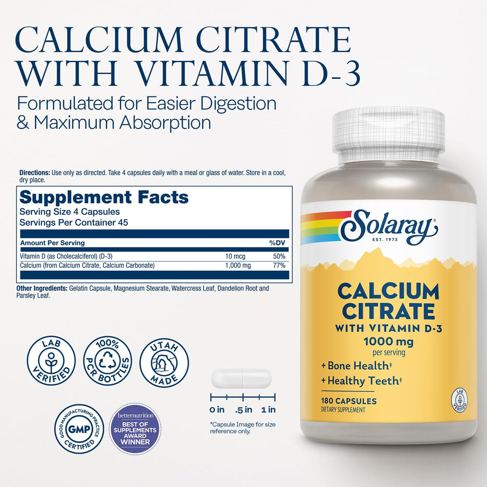 Solaray Calcium Citrate 1000mg capsules in a bottle for daily use.