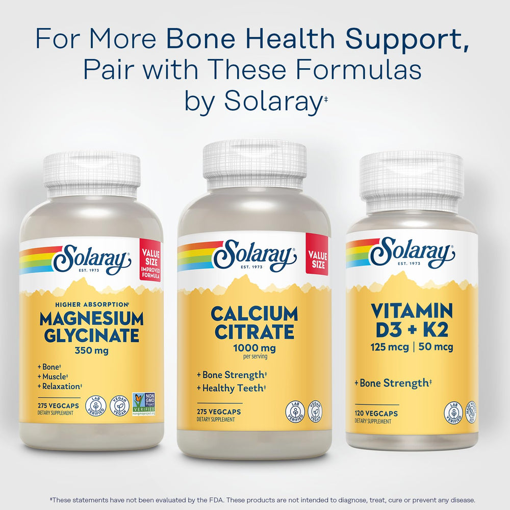 GMP-certified lab seal on Solaray Calcium Citrate 1000mg bottle.