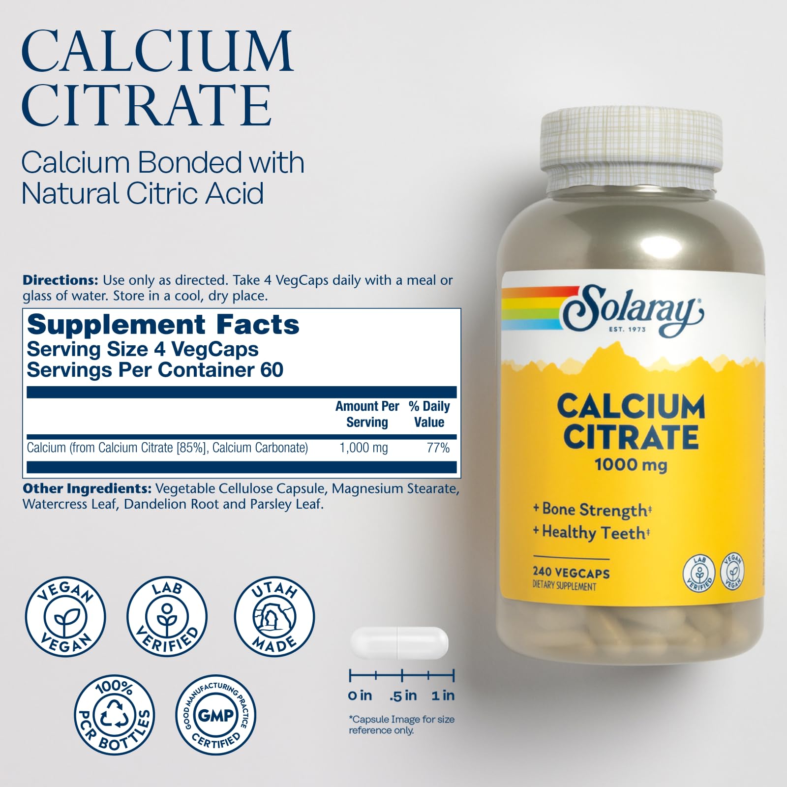 Solaray Calcium Citrate capsules closeup highlighting easy-to-digest soft capsules.