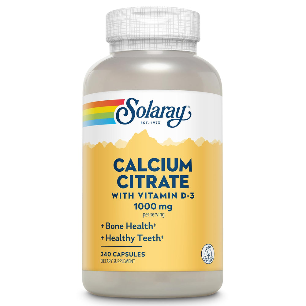 SOLARAY calcium citrate D3 bottle front highlighting bone support.