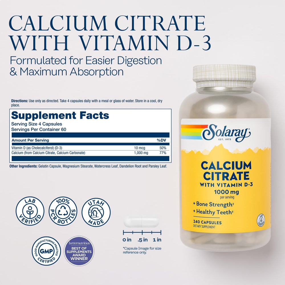 SOLARAY calcium citrate D3 capsules close-up emphasizing gentle digestion.