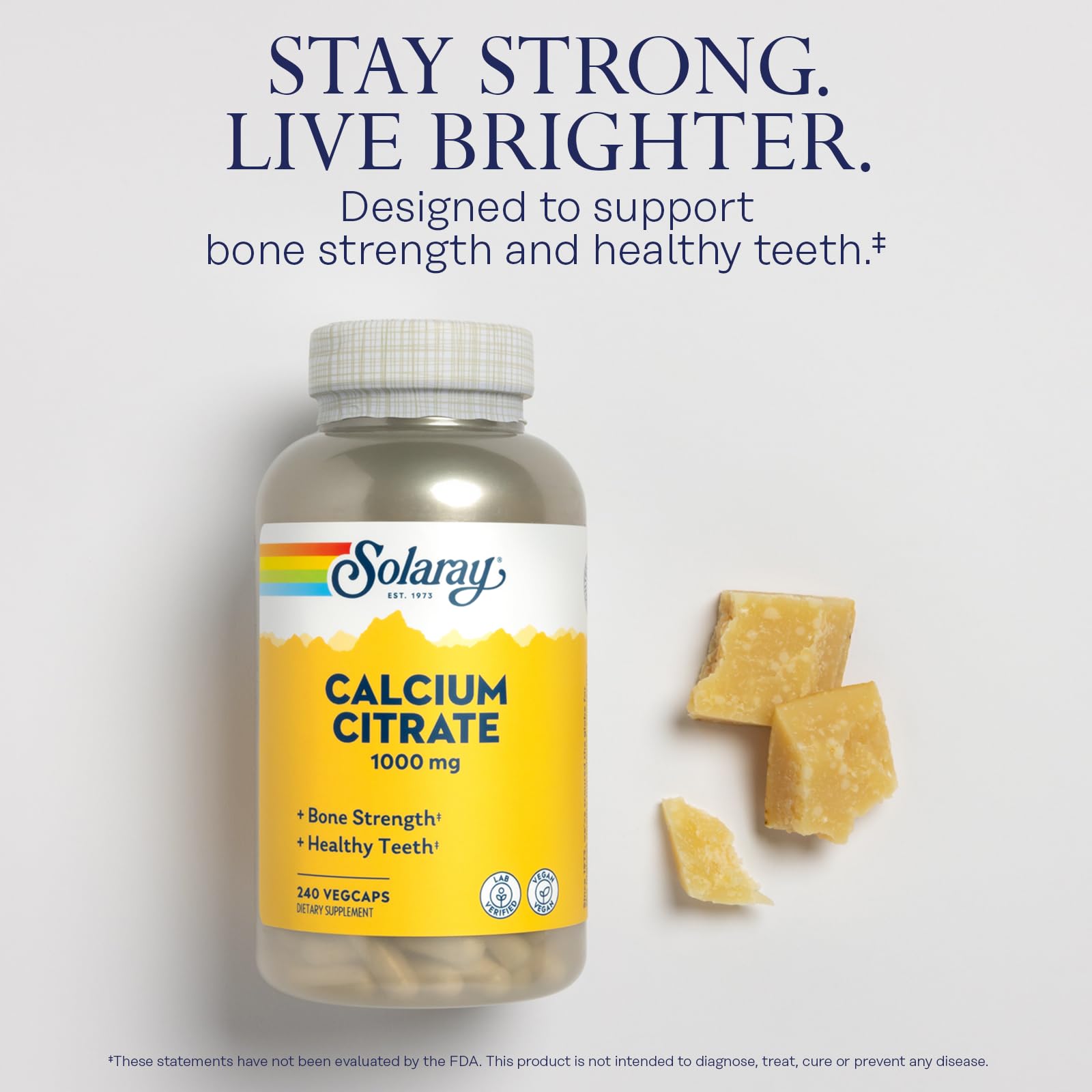 Solaray Calcium Citrate label detail emphasizing vegan and GMP-certified quality.