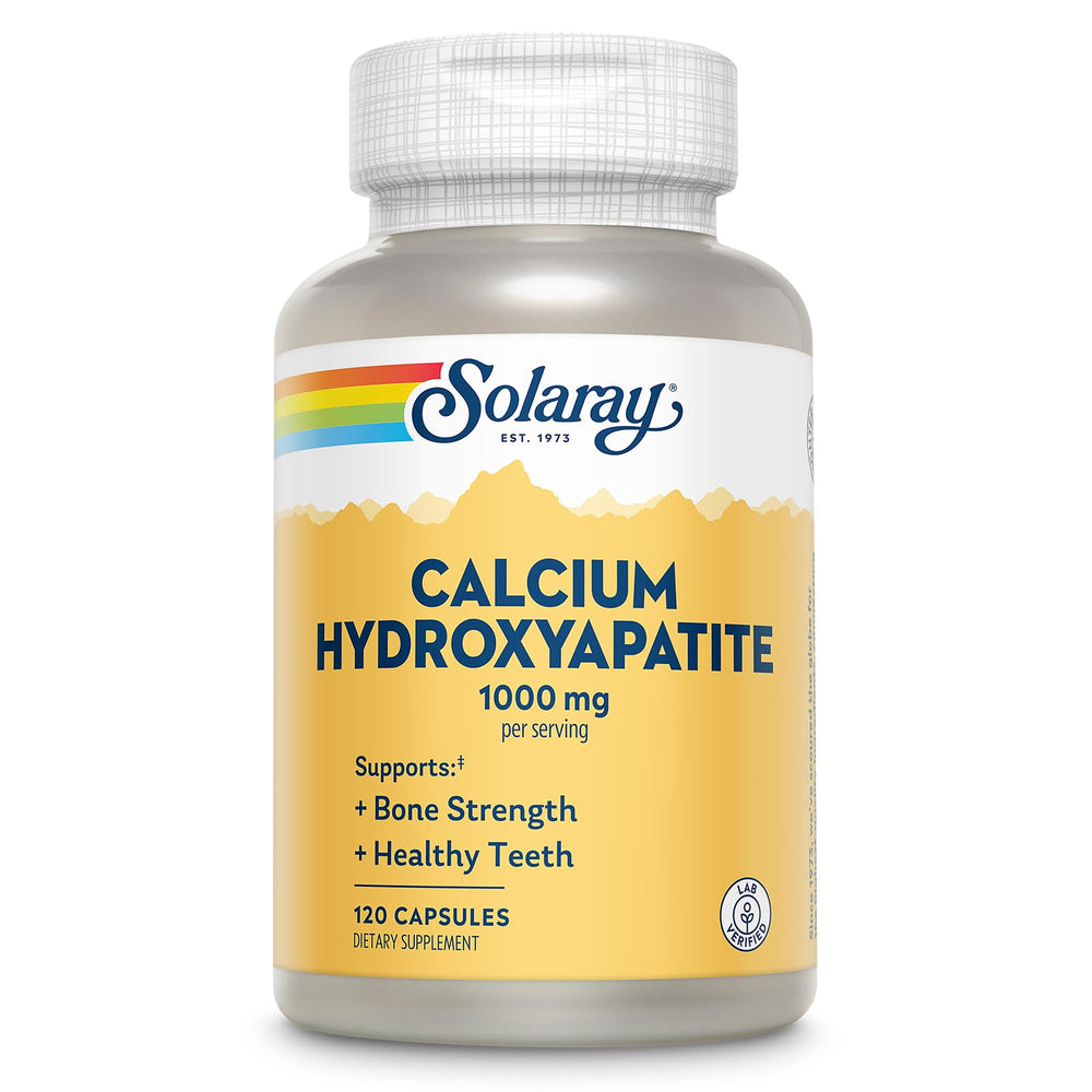 Solaray Calcium Hydroxyapatite 1000mg capsules bottle close-up for bone and teeth support