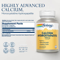 Solaray calcium hydroxyapatite 1000mg pills on label highlights bone health benefits