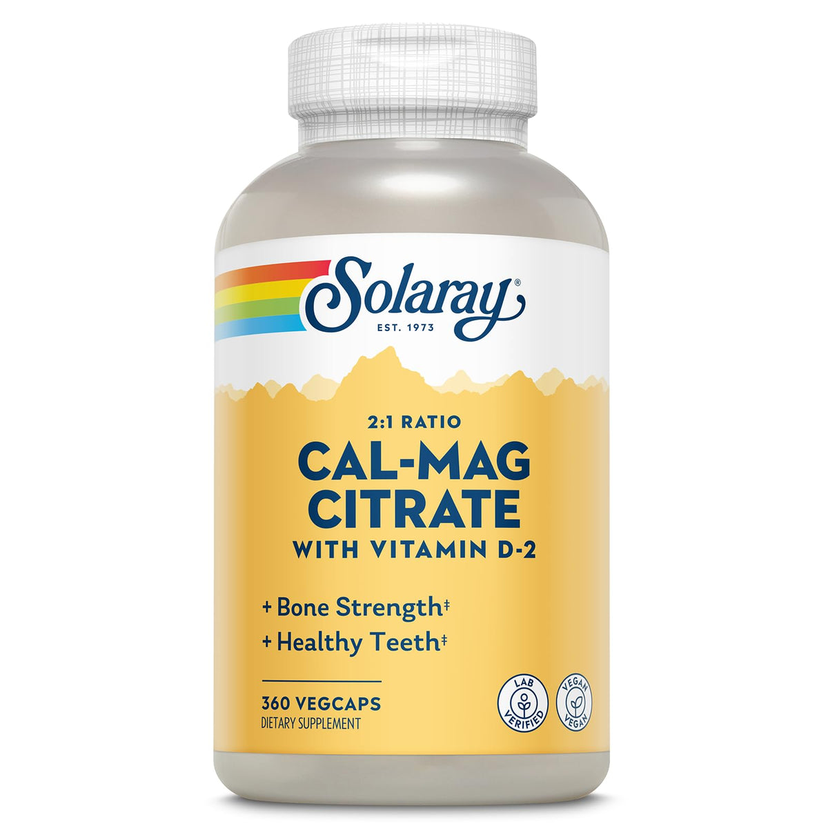 Solaray Calcium Magnesium Citrate bottle front showing 2:1 balance for daily mineral support.