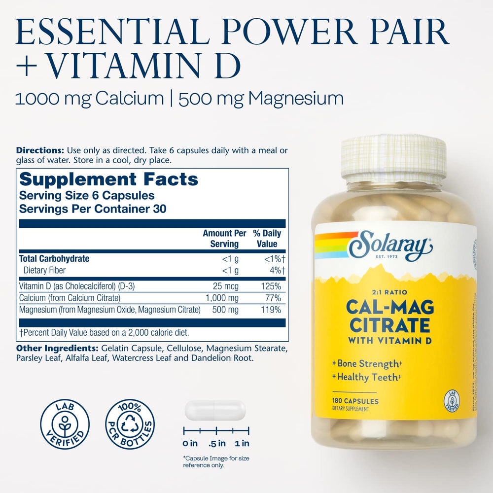 SOLARAY Calcium Magnesium Citrate capsules close-up for easy swallowing