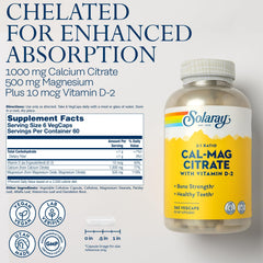 Solaray Calcium Magnesium Citrate capsules close-up, vegan formula ideal for daily mineral intake.