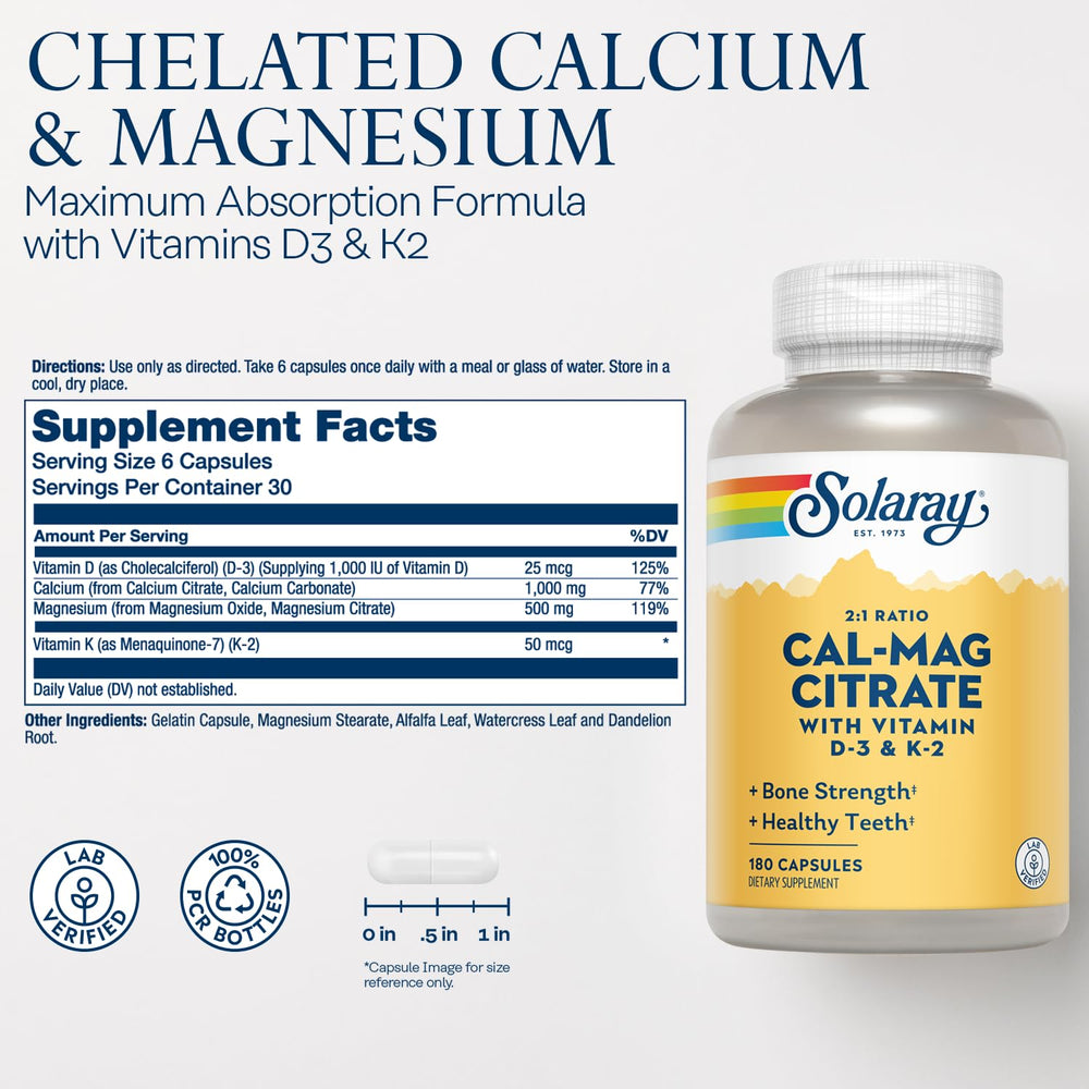 SOLARAY Calcium Magnesium Citrate capsules closeup highlights chelated minerals for absorption.