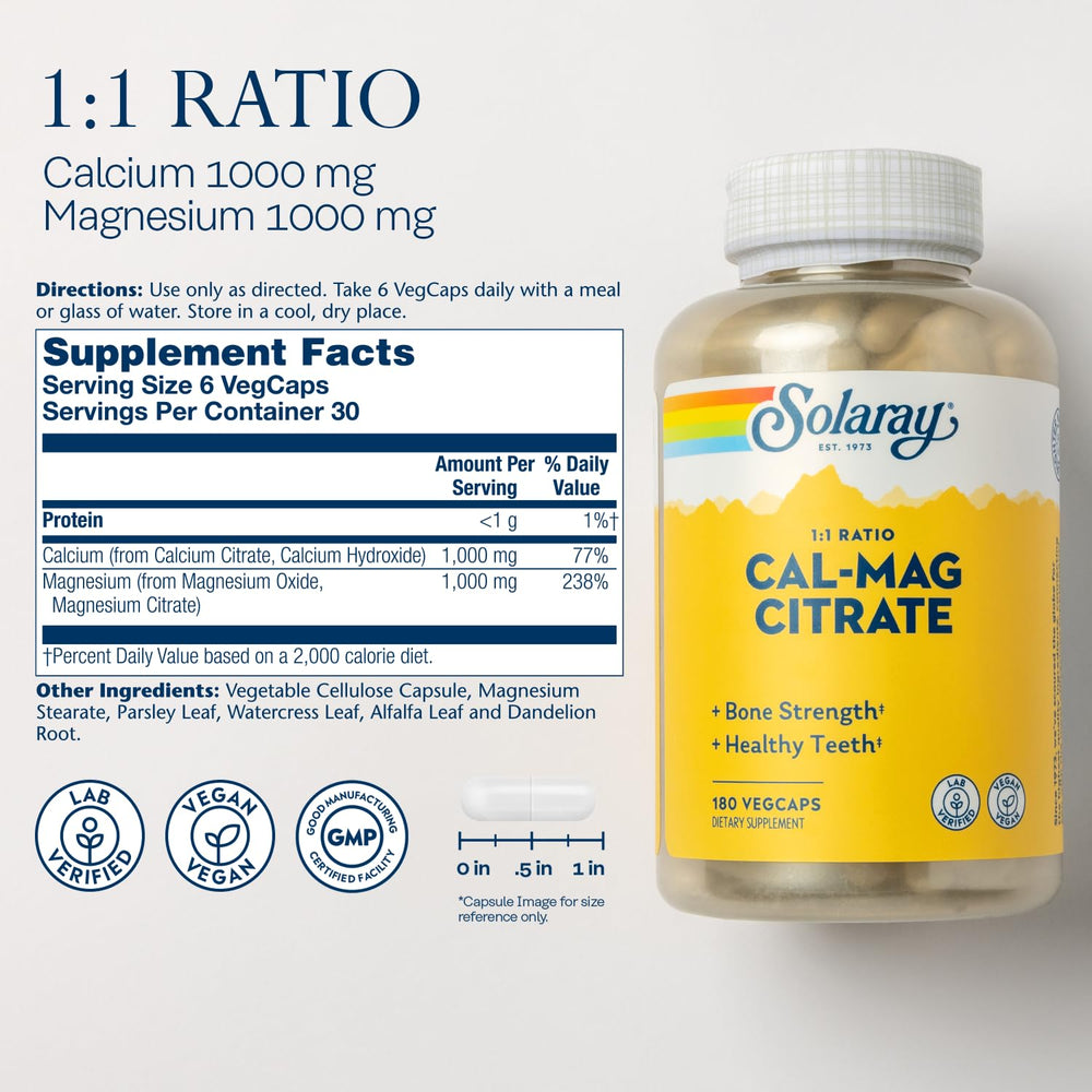 Solaray Calcium Magnesium Citrate label shows 1:1 1000 mg ratio for balanced use.