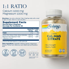 Solaray Calcium Magnesium Citrate label shows 1:1 1000 mg ratio for balanced use.