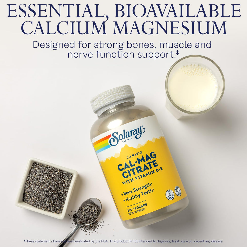 Solaray Calcium Magnesium Citrate label close-up highlighting Vitamin D2 and minerals.