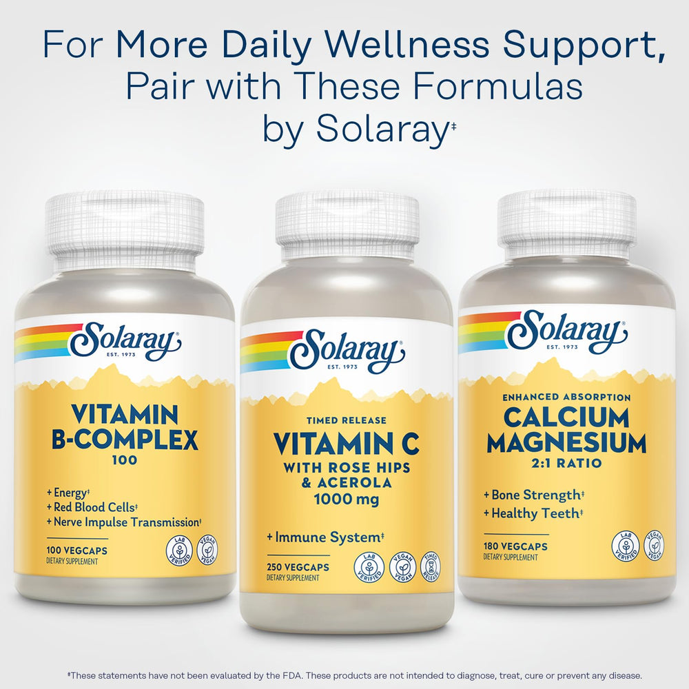 SOLARAY Calcium Magnesium in-use bottle during morning routine for bone support.