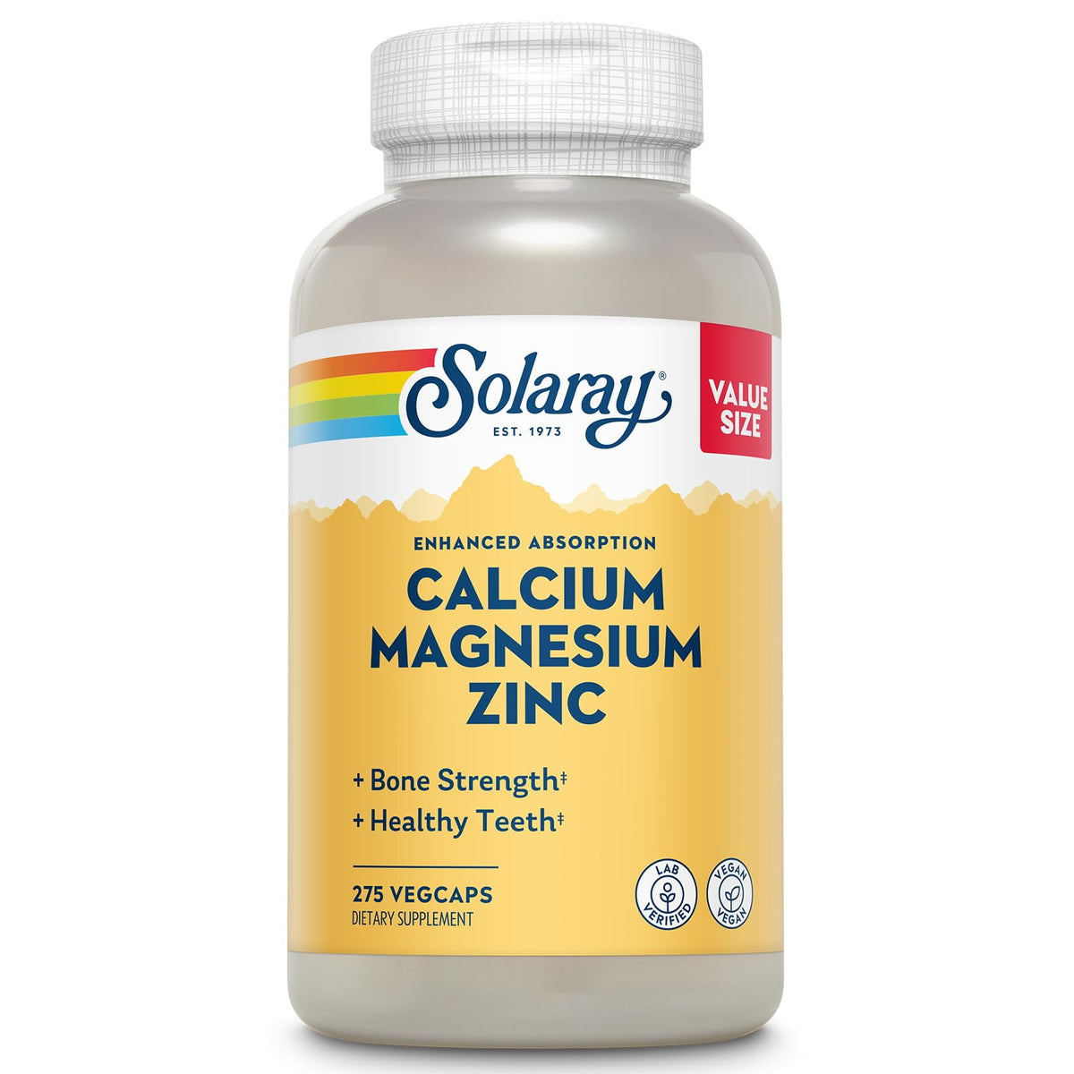 SOLARAY Calcium Magnesium Zinc bottle close-up highlighting vegan formula for bone support.