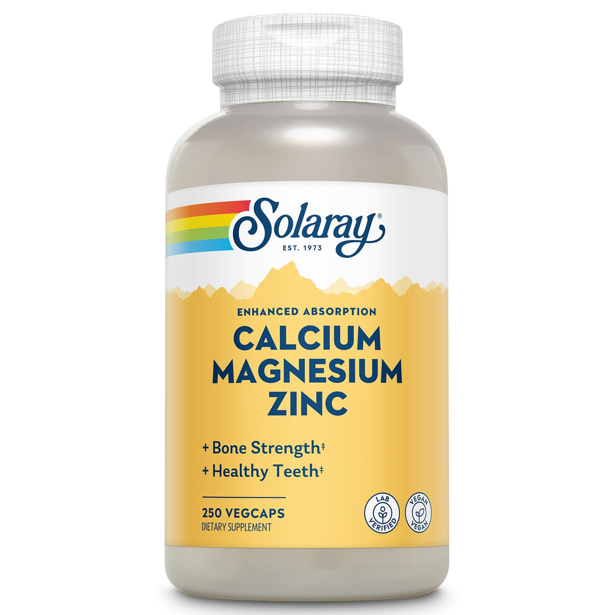 Solaray calcium-magnesium-zinc bottle front for daily bone and muscle support.