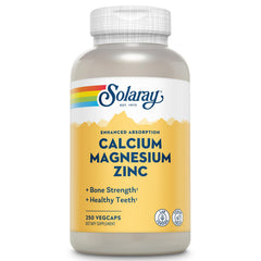 Solaray calcium-magnesium-zinc bottle front for daily bone and muscle support.